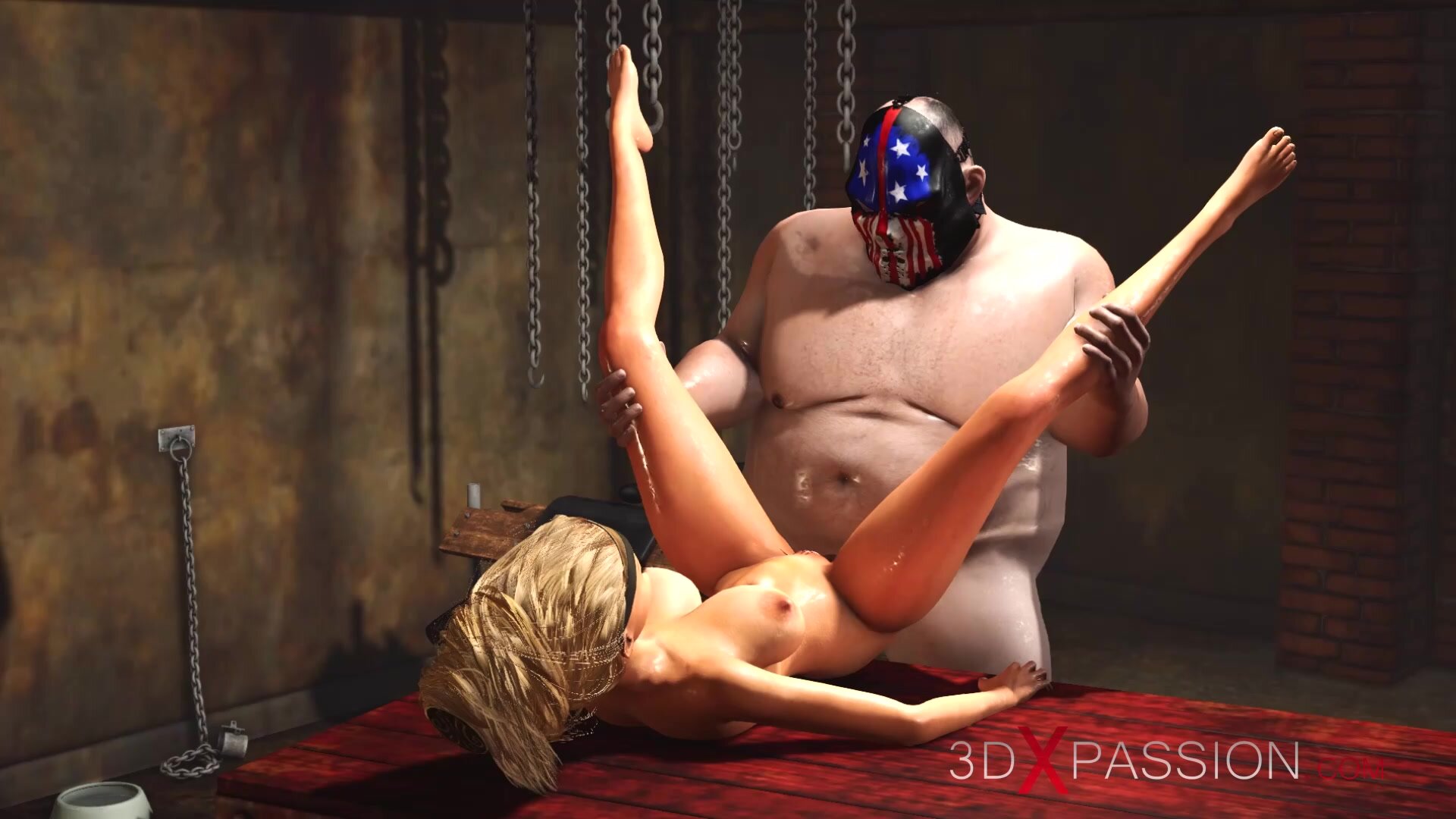 Super hardcore in a basement. Fat man fucks hard a hottie blonde slave