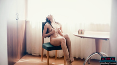 Petite Russian model Cira Nerri solo striptease and eating strawberries