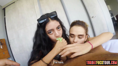 Two petite Rave girls are ready for face fucking by huge johnson white friend