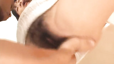 Saya Misaki sucks dongs and welcomes them in her hairy cooter